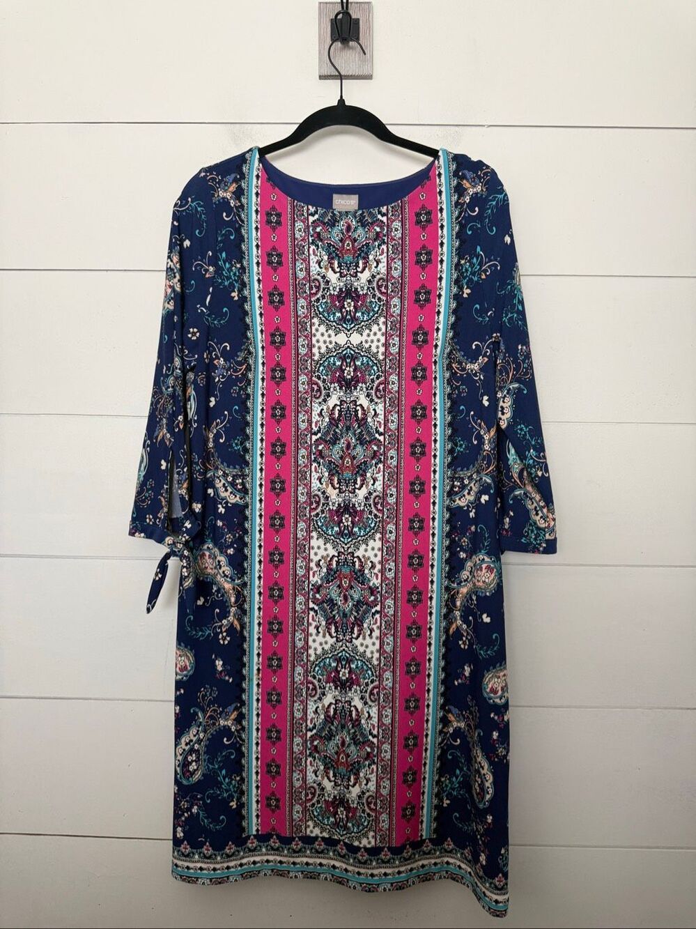 Chico’s Women’s 1 Blue Stretchy Pink Patterned Midi Dress Paisley Print